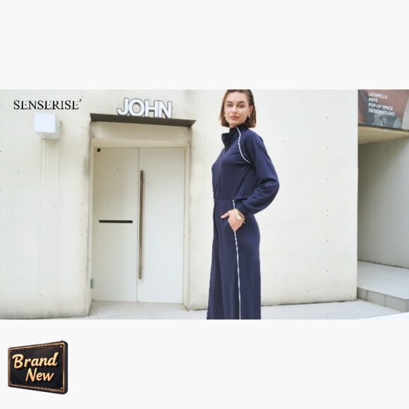 Long Sleeve Jumpsuit with Pockets, Mock Neck, Wide Leg, Travel Outfit - Picture 5 of 6